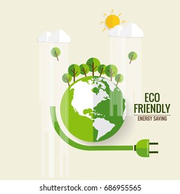 Energiesparkonzept mit Green Eco Earth und Bäumen... Vektorgrafik.