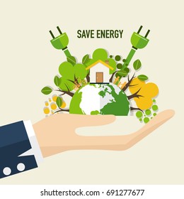 Energy saving concept with Green Eco Earth and Trees.. Vector illustration.