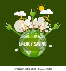 Concepto de ahorro de energía con Eco Tierra Verde y Árboles. Ilustración vectorial.
