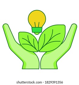 Concepto de ahorro de energía mano sujetar la lámpara de la luz de la hoja fondo aislado blanco con el tema verde estilo de contorno plano