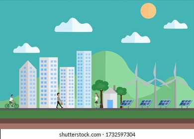 Energy saving concept. People living in eco friendly city, power saving system by wind turbine and solar cell system with a man cycling bicycle running woman and man walking and hold recycle product