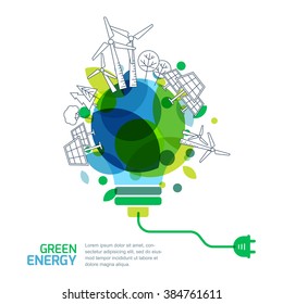 Energy saving concept. Vector illustration of light bulb with outline trees, alternative wind and solar energy generators. Green renewable energy and environmental. 