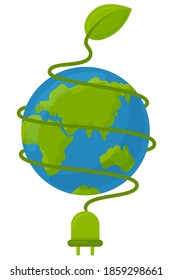 energy saving concept. a wire with a plug around planet Earth grows into a green leaf. Vector illustration