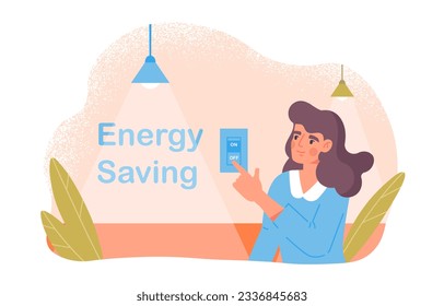 Concepto de ahorro de energía. La mujer deja el cargo y apaga la luz. Economía y ecología. Un estilo de vida sostenible y atento. Energía y energía, electricidad. Dibujo vectorial plano de dibujos animados