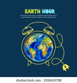 Energy saving and Earth hour concept. Vector doodle hand drawn illustration of green Earth planet in alarm clock shape on dark blue background. Environmental, ecology, nature protection concept.