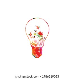 Energiessparende Öko-Lampe, bunte Glühbirne mit Spross und Blättern, ökologische Vektorgrafik, umweltfreundliches Konzept