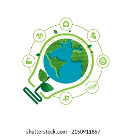 Energy saving eco lamp technology nature concept with icons. think green ecology and save energy creative idea concept. environmentally friendly planet. vector design.