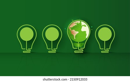 Energy saving eco lamp technology nature concep. lightbulb standing out from unlit incandescent bright on green background. think green ecology and save energy creative idea concept. vector design.