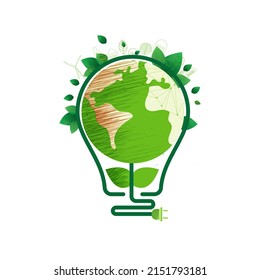 Energieeinsparendes Naturkonzept für Öko-Lampen. Denken Sie an grüne Ökologie und sparen Sie Energie kreative Idee Konzept. umweltfreundlicher Planet. Vektordesign.