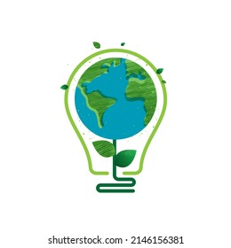 El concepto de ahorro de energía de la tecnología de lámpara LED ecológica. pensemos en la ecología verde y ahorramos el concepto de ideas creativas energéticas. planeta respetuoso con el medio ambiente. diseño vectorial.