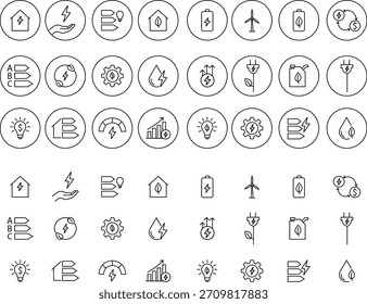 Energy saving eco power icon set collection in black line style, sustainability electricity efficiency symbols pack with renewable green energy illustrations, environmental resource graphic elements