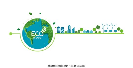 Energy saving eco technology nature concept. think green ecology and save energy creative idea concept. environmentally friendly planet. vector design.
