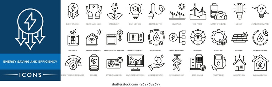 Energy Saving and Efficiency icon set. Energy Efficiency, Power Saving Mode, Green Energy, Smart Light Bulb, Eco-Friendly Plug, Solar Panel and Wind Turbine