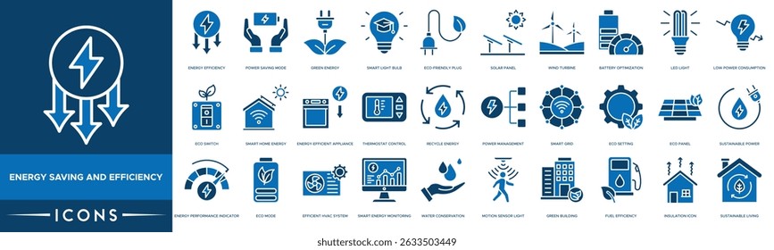 Energy Saving and Efficiency icon set. Energy Efficiency, Power Saving Mode, Green Energy, Smart Light Bulb, Eco-Friendly Plug, Solar Panel and Wind Turbine