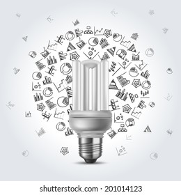 Energy saving electric bulb on grey a background with hand drawn diagram icons. Vector eps10 illustration