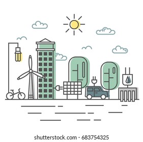 Energy saving and environmentally friendly technologies, alternative energy sources. City street in flat linear style with wind turbine, solar panel and electromobile.