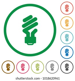 Energy saving fluorescent light bulb flat color icons in round outlines on white background
