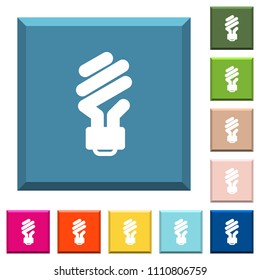 Energy saving fluorescent light bulb white icons on edged square buttons in various trendy colors