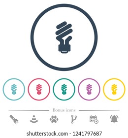 Energy saving fluorescent light bulb flat color icons in round outlines. 6 bonus icons included.