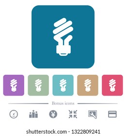 Energy saving fluorescent light bulb white flat icons on color rounded square backgrounds. 6 bonus icons included