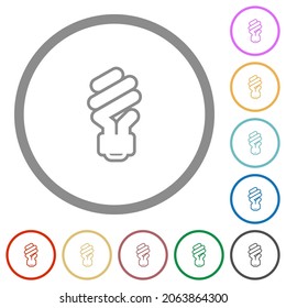 Energy saving fluorescent light bulb outline flat color icons in round outlines on white background