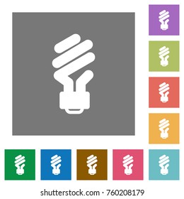 Energy saving fluorescent light bulb flat icons on simple color square backgrounds