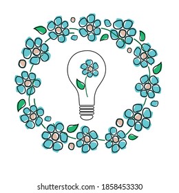 Energy saving. A frame of blue flowers, inside which is a light bulb with a tree. Isolated object on white. Flat outline icon. Vector illustration.