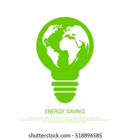 Energy saving. Green bulb with map isolated on the white background. 