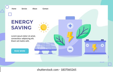 Energy saving green leaf lightning battery campaign for solar energy sun website home homepage landing page template banner with flat style