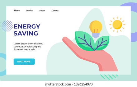Energy saving hand hold leaf light bulb campaign for web website home homepage landing page template banner with flat style