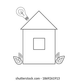 Energy saving. A house with leaves and a light bulb with a tree instead of a pipe. Isolated object on white. Flat outline icon. Vector illustration.