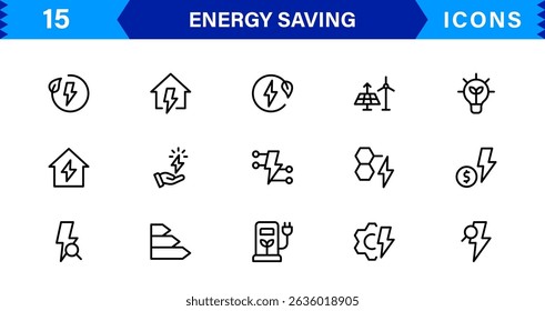 Energy Saving Icon Collection with Eco, Renewable, Power, Green Technology, and Sustainability Symbols in Simple, Download-Ready Design
