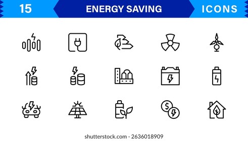 Energy Saving Icon Collection with Eco, Renewable, Power, Green Technology, and Sustainability Symbols in Simple, Download-Ready Design
