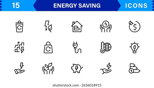 Energy Saving Icon Collection with Eco, Renewable, Power, Green Technology, and Sustainability Symbols in Simple, Download-Ready Design
