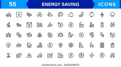 Energy Saving Icon Collection with Eco, Renewable, Power, Green Technology, and Sustainability Symbols in Simple, Download-Ready Design
