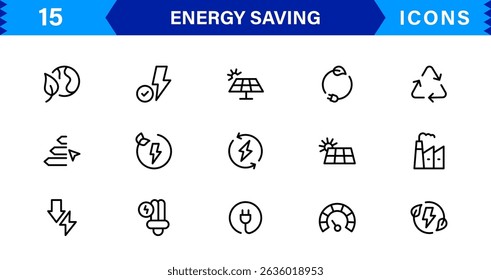 Energy Saving Icon Collection with Eco, Renewable, Power, Green Technology, and Sustainability Symbols in Simple, Download-Ready Design
