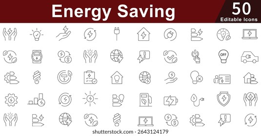 Energy Saving Icon Set - 50 Editable Green Energy Icons for Sustainability, Eco-Friendly and Environmental Conservation Vector Collection
