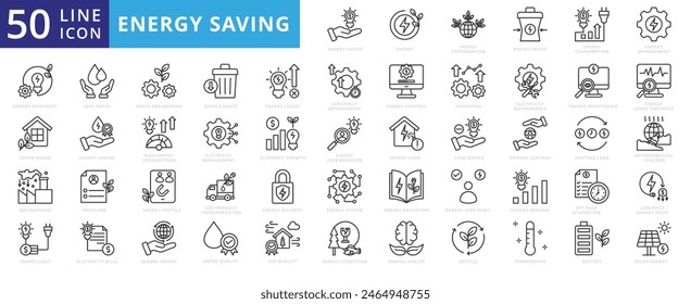 Energy Saving icon set with conservation, reduce waste, consumption, management, efficiency, gas emission and green house.