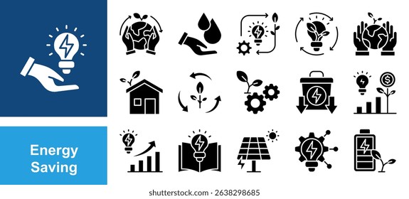 Energy Saving icon set with conservation, reduce waste, consumption, management, efficiency, gas emission and green house.