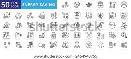 Energy Saving icon set with conservation, reduce waste, consumption, management, efficiency, gas emission and green house.