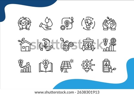 Energy Saving icon set with conservation, reduce waste, consumption, management, efficiency, gas emission and green house.