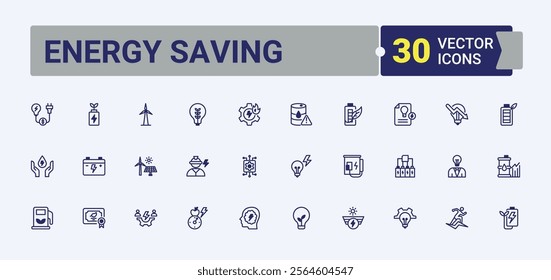 Energy Saving icon set. Contains such icons as environment, class, Energy, Efficiency, eco, net-zero, development, light and more. Outline symbol collection. Vector line and solid icons.