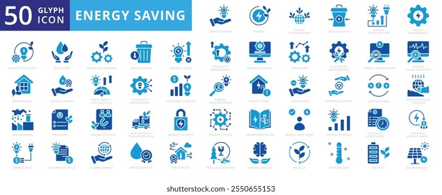 Energy Saving icon set with cost, control, system, management, demand, battery, consumption, monitoring, solar, security, education, green, lifestyle, recycle, temperature, operation, and conservation