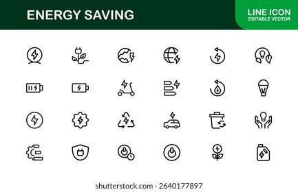 Energy Saving Icon Set Featuring Modern, Minimalist Designs Perfect for Sustainable Projects, Eco Apps, Renewable Energy Interfaces, and Green Technology Use