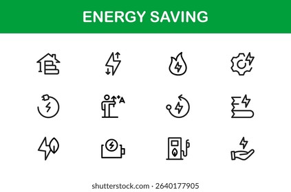 Energy Saving Icon Set Featuring Modern, Minimalist Designs Perfect for Sustainable Projects, Eco Apps, Renewable Energy Interfaces, and Green Technology Use