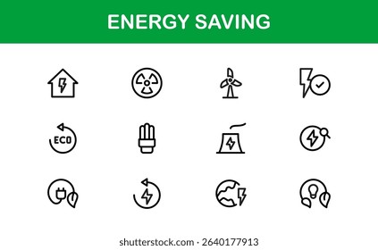 Energy Saving Icon Set Featuring Modern, Minimalist Designs Perfect for Sustainable Projects, Eco Apps, Renewable Energy Interfaces, and Green Technology Use