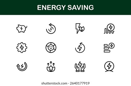 Energy Saving Icon Set Featuring Modern, Minimalist Designs Perfect for Sustainable Projects, Eco Apps, Renewable Energy Interfaces, and Green Technology Use