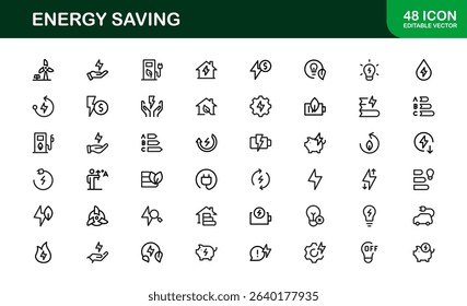 Energy Saving Icon Set Featuring Modern, Minimalist Designs Perfect for Sustainable Projects, Eco Apps, Renewable Energy Interfaces, and Green Technology Use