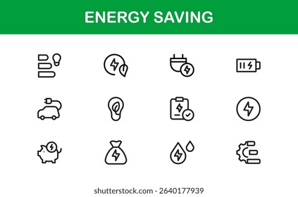 Energy Saving Icon Set Featuring Modern, Minimalist Designs Perfect for Sustainable Projects, Eco Apps, Renewable Energy Interfaces, and Green Technology Use