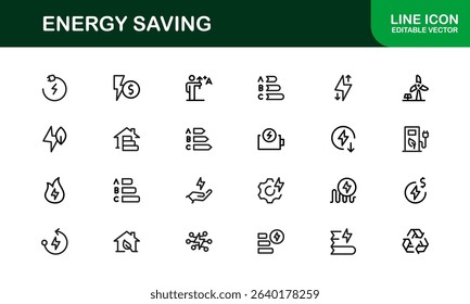 Energy Saving Icon Set Featuring Modern, Minimalist Designs Perfect for Sustainable Projects, Eco Apps, Renewable Energy Interfaces, and Green Technology Use